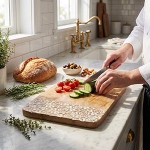 Planche à découper contemporaine en bois d'acacia avec poignée inclinée, motif géométrique, durable, sans danger pour les aliments, planche de service - Product Image 3