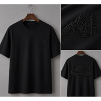 T-shirt Henley à manches courtes et col en V pour homme, coupe classique, 100 % coton jersey tricoté, avec logo personnalisé et broderie montagne, noir, décontracté