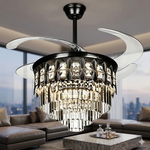 LED <b>Ceiling</b> Fan Crystal Chandelier <b>Remote</b> <b>Control</b> Luxury Invisible Silent Motor Black <b>Lighting</b> Fix Modern Retractable Blade - Product Image 2