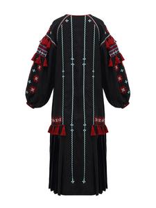 Latest Long-Sleeved <b>Black</b> Linen <b>Dress</b> Handmade Embroidery Contrasting Ukrainian Embroidery Midi <b>Length</b> Woven Cotton Washable - Product Image 3