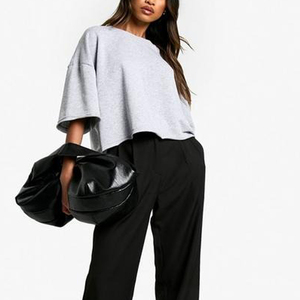 T-shirt crop top oversize de haute qualité pour femme, décontracté, à épaules tombantes, col rond, couleur unie, coupe ample, style streetwear - Product Image 3