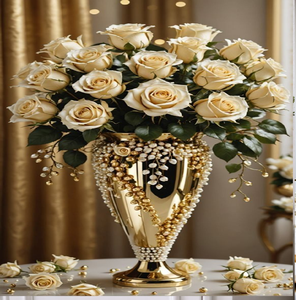 Beautiful classic golden chalice <b>flower</b> trophies presented on a white wooden dresser, available at wholesale prices. - Product Image 6