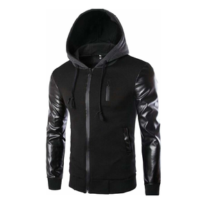 Hot Selling Custom Made Men <b>Black</b> Hooded <b>Zipper</b>-Up Sweatshirt <b>Hoodie</b> With Leather Sleeves Slim Fit Autumn Leather Sleeves Hooded - Product Image 1
