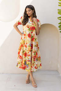 Robe midi à imprimé floral rose, col en V, coupe évasée, manches trois quarts, poches, coton respirant, robe d'été décontractée pour femmes - Product Image 1