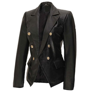 Women's Black Genuine Lambskin <b>Leather</b> <b>Blazer</b> Double-Breasted Slim Fit <b>Jacket</b> Custom Fashion Coat 2026 - Product Image 1