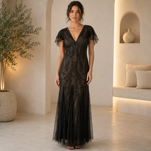 Elegant Black Embroidered Mesh Evening Gown for Women V Neck Flutter Sleeve Formal Maxi Dress Party Wedding Guest Prom Dress - Product Image 4