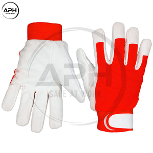 Gants de travail confortables en cuir blanc avec paume jaune et rouge, dos respirant, pour mécaniciens, ateliers de construction - Product Image 4