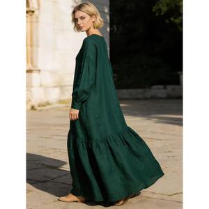 Women Loose Fit Green <b>Boho</b> Maxi <b>Dress</b> <b>Long</b> Sleeve Round Neck Cotton Linen Plain Elegant Summer <b>Dress</b> - Product Image 5