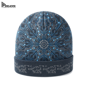 Bonnet tricoté haut de gamme pour adultes, motif circuit de cyclisme, gris foncé et bleu fluorescent, avec revers plié, style bonnet ajusté - Product Image 1