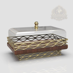 Boîte de présentation de pâtisserie en métal et bois, avec couvercle en forme de dôme pour gâteau, écologique et personnalisée, design Palestine, dorée, pour présentation de desserts - Product Image 1