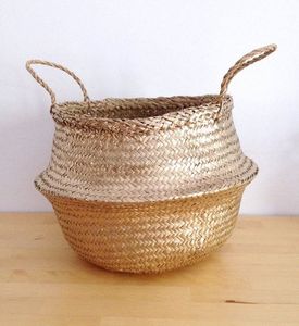Luxury Silver Metallic Seagrass Belly Basket Handmade Woven Rattan Storage <b>Bin</b> with Handles Decorative Boho Planter Basket - Product Image 4