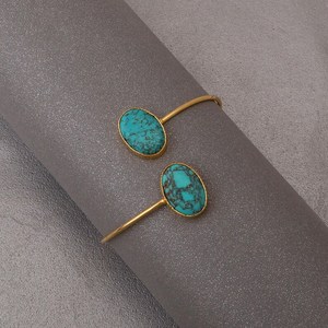 TURQUOISE OPEN BANGLE - Oval Shape Cabochon Gemstone Adjustable Cuff <b>Bracelet</b> - Gold Plated Brass Jewelry by Beau Glint - Product Image 2