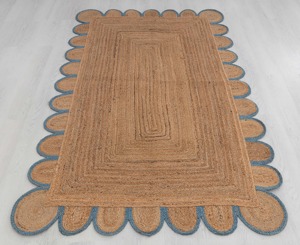 Coastal Braided Jute Area <b>Rug</b> Rectangle Scalloped Edge Non-Slip <b>Flat</b> Weave Hallway <b>Rug</b> Natural Blue Trim - Product Image 1