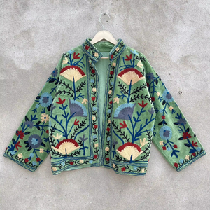 <b>Mint</b> Green Suzani Embroidered Velvet Boho Jacket Women Ethnic Short Coat Stand Collar Open Front Designer Wear - Product Image 1