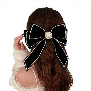 Barrette à cheveux en velours noir de luxe avec grand nœud et perle, légère, écologique, 24 cm, accessoires de cheveux élégants pour les fêtes - Product Image 1