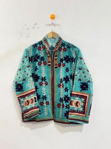 Peach Multicolor Waterproof Zipper Embroidered <b>Velvet</b> Winter <b>Jacket</b> with Traditional Botanical Floral Design - Product Image 3