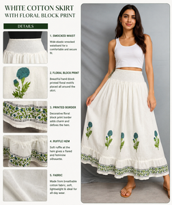 Falda larga de algodón floral verde azulado al por mayor, con cintura fruncida, estilo bohemio casual, estampado a mano, de la India - Product Image 5