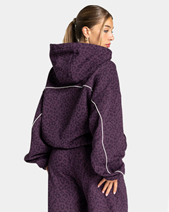 100% Cotton Burgundy Leopard Print <b>line</b> Piping contrast Women's oversized hoodie <b>pant</b> tracksuit set two piece women tracksuit - Product Image 4