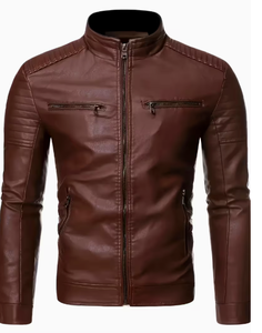 TRIBON SPORTS <b>Men's</b> Brown Cowhide <b>Leather</b> Bomber <b>Jacket</b> Stand Collar Zipper Closure Slim Fit Regular Sleeve Solid Color Winter - Product Image 4
