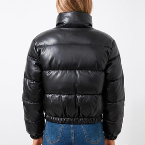 Veste matelassée en cuir de mouton véritable pour femme, manteau d'hiver court matelassé noir avec col montant et taille élastique - Product Image 3