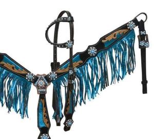 Headstall et cuirasse en cuir occidental de qualité supérieure avec boucles Sier et franges Design fantaisie pour l'équitation et la course - Product Image 3
