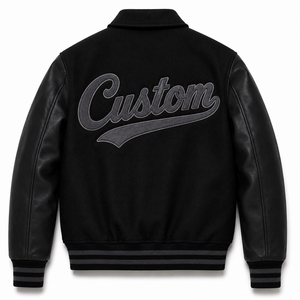 Veste varsity noire pour homme avec manches en cuir PU rouge, col rabattu, fermeture éclair avant, streetwear décontracté, vêtements d'extérieur pour l'automne - Product Image 2