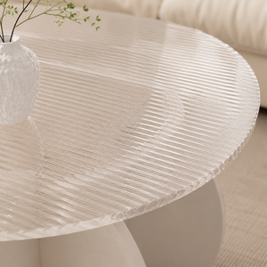 Table basse moderne en verre côtelé avec base sculpturale blanche, écologique et durable, pour salon et chambre à coucher - Product Image 5