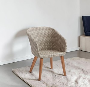 Durable Outdoor PE Rattan Chair Light Grey Wicker <b>Bucket</b> Armchair <b>Wooden</b> Leg Garden Resort Hotel Villa Relaxing Furniture - Product Image 1