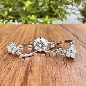 Luxury White Gold Plated 3 Piece <b>Stack</b> <b>Ring</b> Set with Round Cut Center Stone Lab-grown Diamond and Baguette Accent Design - Product Image 3