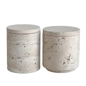 Boîte de rangement décorative en marbre travertin avec couvercle, pot en pierre beige pour la maison, la cuisine, le bureau, récipient de rangement élégant, design moderne - Product Image 1