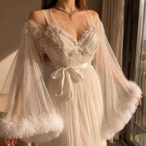 Camisón de Encaje Transparente Color Marfil para Mujer, Elegante Ropa de Dormir con Mangas de Plumas, Lencería Romántica para Luna de Miel - Product Image 3
