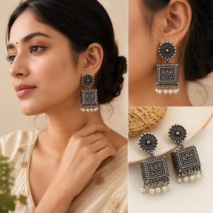 Proveedor Confiable de Pendientes Jhumka de Plata Oxidada con Diseño de Cubo, Estilo Bollywood, para Bodas, Lujosos, al por Mayor - Product Image 2