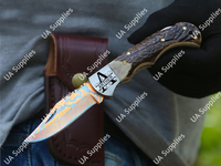 Couteau pliant professionnel forgé à la main, couteau utilitaire EDC, acier damas cuivré, manche en corne de cerf, camping en plein air, chasse, bricolage, OEM