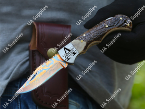 Couteau utilitaire pliant EDC de poche en acier Damas cuivré avec manche en corne de cerf pour le camping, la chasse, la survie, facile à transporter, OEM - Product Image 3