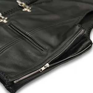 Gilet en cuir de motard Premium Fish Hook pour hommes, noir, avec fermeture éclair avant, sans manches, design minimaliste - Product Image 6