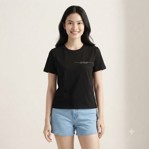 T-shirt décontracté d'été pour femme, noir, imprimé, en coton/bambou, manches courtes, col rond, respirant, tissu 220g - Product Image 2