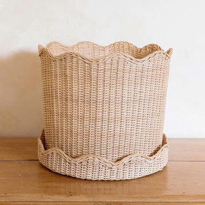 Elegance Style Wicker Rattan Scalloped <b>Planter</b> and Base Plate for Table Decor Flower Pot Basket Handcrafted Indoor Pots - Product Image 3