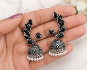 Latest Design Oxidized <b>Silver</b> Black Gemstone Indian Jhumka <b>Earrings</b> for Women Direct Factory Manufacturer - Product Image 3