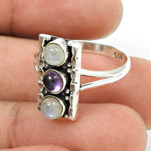 Anillo de plata de ley 925 con múltiples piedras preciosas, amatista y piedra lunar arcoíris, anillos bohemios para mujeres y niñas. - Product Image 2
