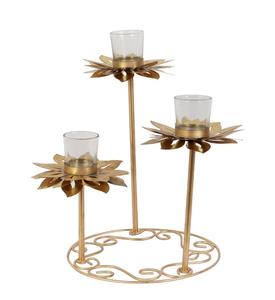 Brass <b>Candle</b> Stand Set With <b>Flower</b> Design Three Tier Metal Holder For Home Decoration - Product Image 2