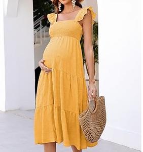 Robe longue maxi unie en soie et lin jaune pour femme enceinte, vêtements d'été les plus vendus, robe de maternité de haute qualité, vente en gros OEM - Product Image 2