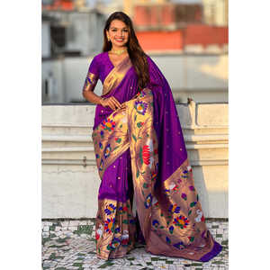 Elite Weaves <b>Purple</b> Paithani Silk <b>Saree</b> with Half-Half Concept Big Border Zari Woven Indian & Pakistani Clothing 700g - Product Image 5