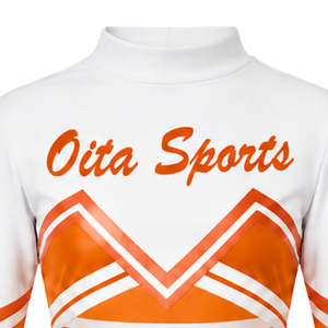 Ensemble uniforme de cheerleading sublimé orange et blanc à manches longues avec jupe plissée pour l'entraînement et la performance des équipes sportives - Product Image 5