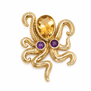 Pendentif Pieuvre Citrine Améthyste Doré, Bijou Artisanal Inspiré de l'Océan, Création de Designer, Pierre Précieuse, Cadeau Unique pour Femme - Product Image 1