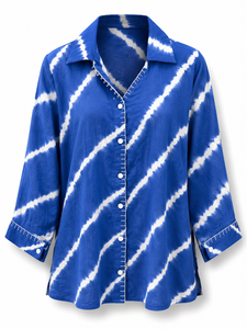 Camisa de Mujer Azul Sólida Estilo Bohemio 100% Algodón Manga Larga Cuello Mandarín Ecológica Transpirable - Product Image 2