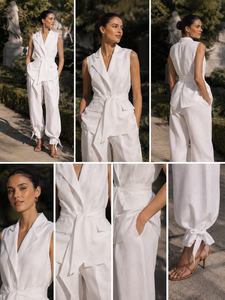 Ensemble Bohème Femme en Lin/Coton : Blazer Sans Manches Col Mandarin et Pantalon Cheville Ceinturé – Deux Pièces Écologique et Respirant - Product Image 2