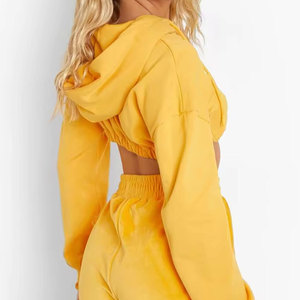 Women's <b>Pink</b> Hooded <b>Crop</b> <b>Top</b> Sweatshirt Full Sleeve Fleece Casual Solid Color Drop Shoulder Plain Dyed Pullover Hoodie - Product Image 6