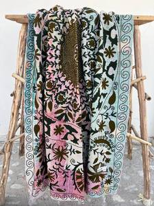 Vintage Style Cotton Kantha Suzani <b>Quilt</b> Handmade with Intricate Embroidered Patterns – Lightweight Bohemian <b>Bedding</b> Throw - Product Image 4