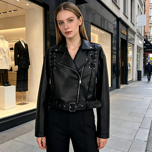 Chaqueta de Motociclista de Cuero Genuino para Mujer, Cierre de Cremallera Negro, Cuello Camisero, Manga Larga, Estilo Otoñal - Product Image 1