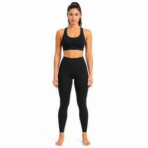 Women Solid <b>Black</b> Yoga 2 Set High Waist <b>Leggings</b> Sports Bra Anti-Bacterial Breathable Seamless Fitness Gym Workout Activewear - Product Image 1